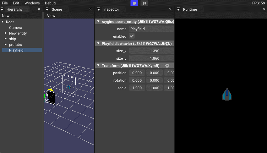 Raygine editor gif showing playmode with a ship limited in a playfield