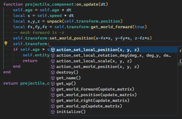 A screenshot of Visual Studio Code showing the autocomplete a member of the projectile class in the update function